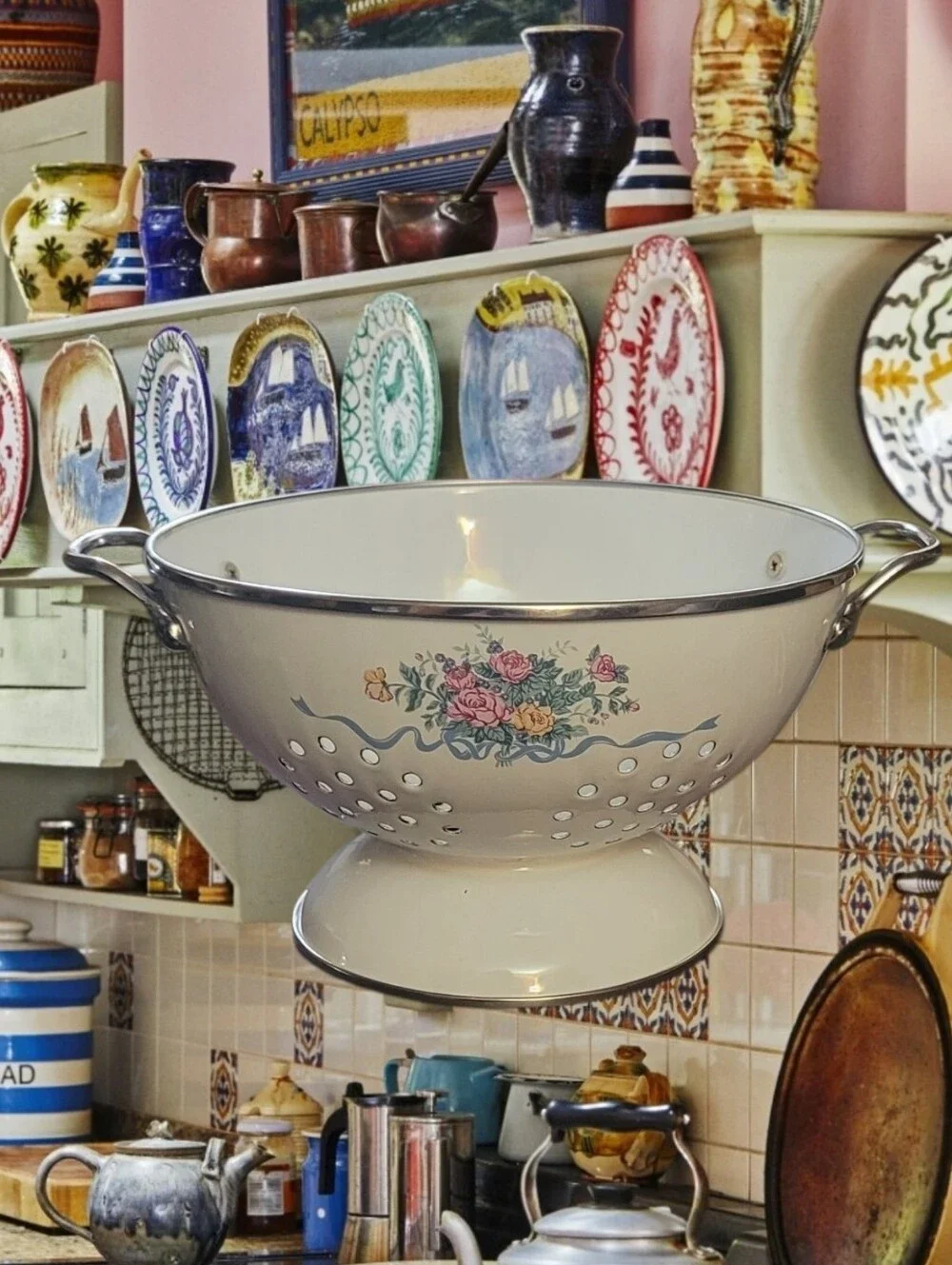 Classic White Floral Enamel Colander with Handles
